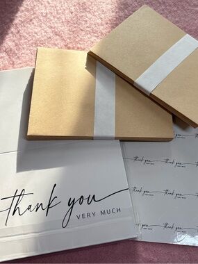 25 Blank Thank You Very Much Card Set in White w/Tan Envelopes + Stickers
